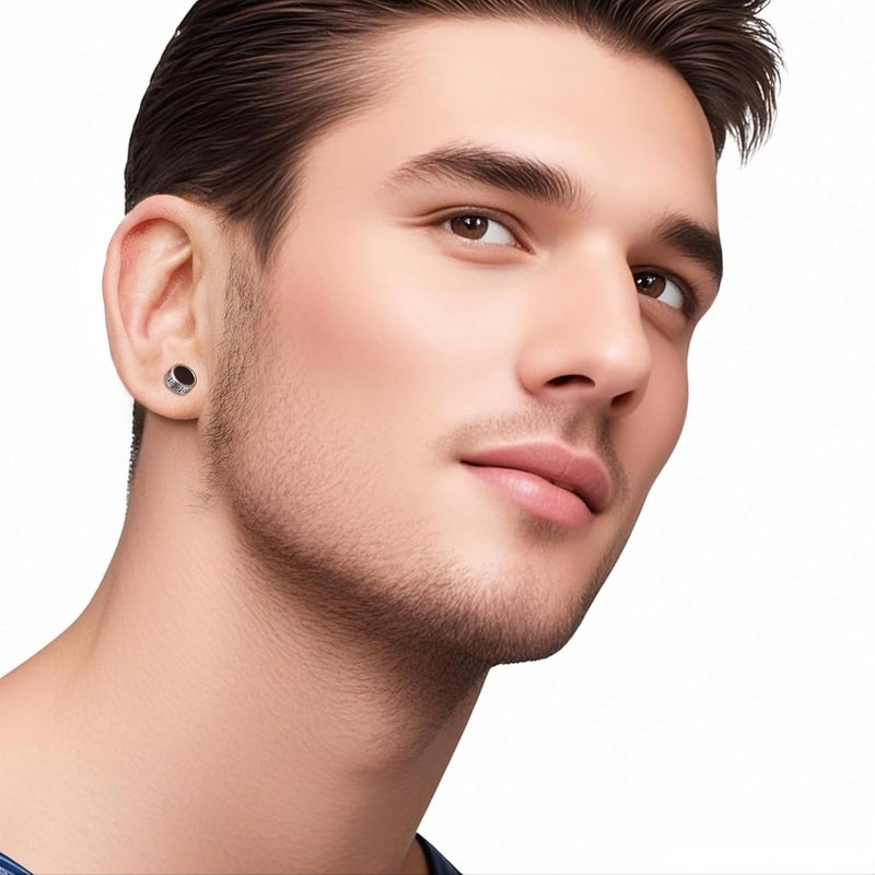 Silver deer Store أقراط مضادة للحساسية للرجال 2025، أقراط دراجة سوداء من الفولاذ الجراحي للرجال، شكل كعكة دائري من حبوب الجدار العظيم، جل أسود بعرض 0.4 بوصة - Image 2